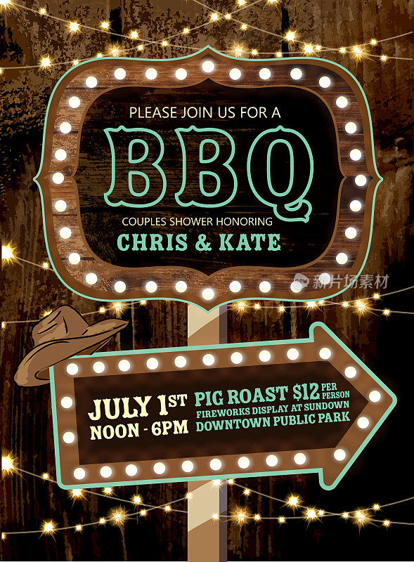 Country BBQ wedding invitation wooden signs and string lights